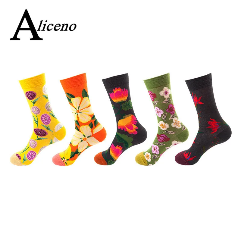 ALICENO New Fashion Women Socks Cotton Euramerican National Wind Flowers Ladies Autumn and Winter Socks Man Funny Crew Socks