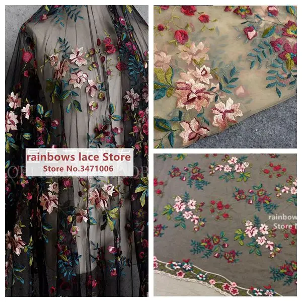 

1 meter /lot good quality Multicolor Leaves Embroidered 120CM Wide Lace Fabric Evening Dress Women Embroidery voile tirm Clothes