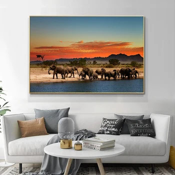 

Wild Africa Elephant Animal Art Sunset Landscape Canvas Painting Posters and Prints Cuadros Wall Art Picture for Living Room
