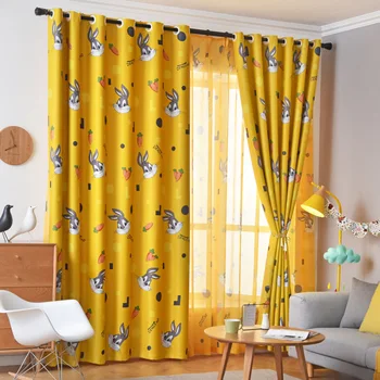

Cute Yellow Rabbit Blackout Curtain For Bedroom Kids Boys Kindgergarten Cute Bunny French Window Treatment Drapes JS227
