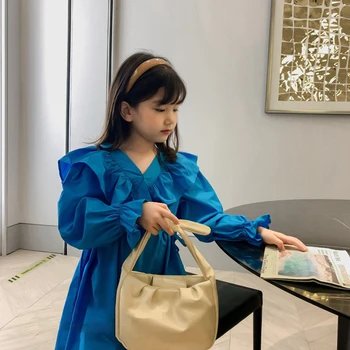 

Children Dress Girl Baby Girls Dress Autumn Solid V-neck Puff Sleeve Long Sleeves Party Costumes Kids Dresses