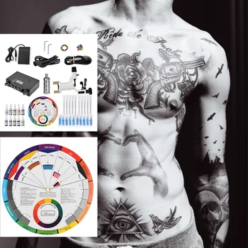 

12color Complete Tattoo Kit Pro Tattoo Machine Kit Rotary Power Supply Color Inks Wheel Card Paper тату машинка for makeup
