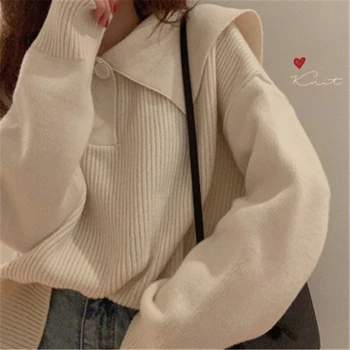 

New Fall Winter Loose Sweaters Women Casual Turn-down Collar Vertical Knitted Hem Split Females Pullovers Sweet Sweater Top