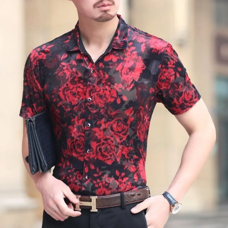 Гавайская рубашка с коротким рукавом Camicia Uomo красная бархатная цветочным принтом