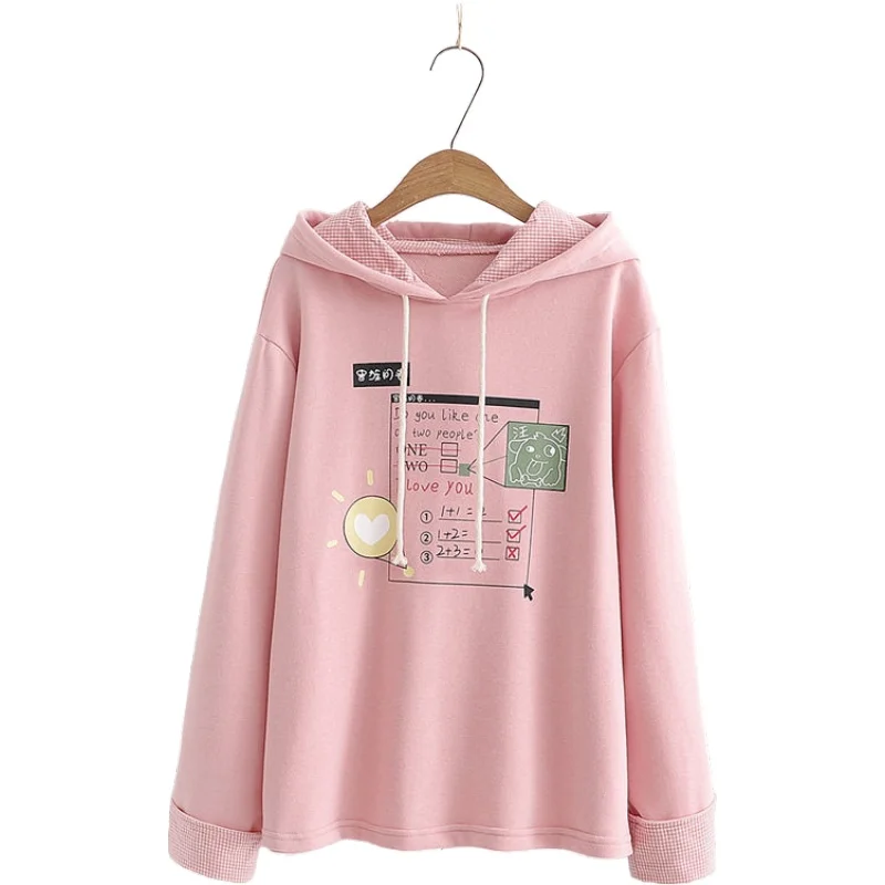 

Women Hoodies Sweatshirts Sweet Loose Preppy Style Math Print Long Sleeve Hooded Sweatshirt Girl Harajuku Pink Pullovers