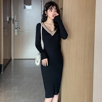 

Autumn V-Neck Sheath Bodycon Midi Cloth Black Solid Long Sleeved Sexy Knitted Sweater Dress