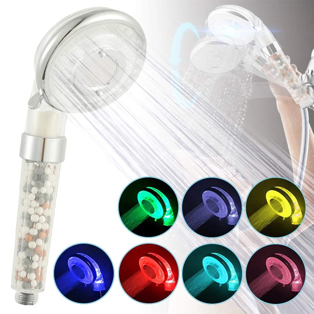 

LED SPA Shower Head Pressurized Water Saving Temperature Control 7 Color Changing Shower Head Handheld Filter Bathroom Shower