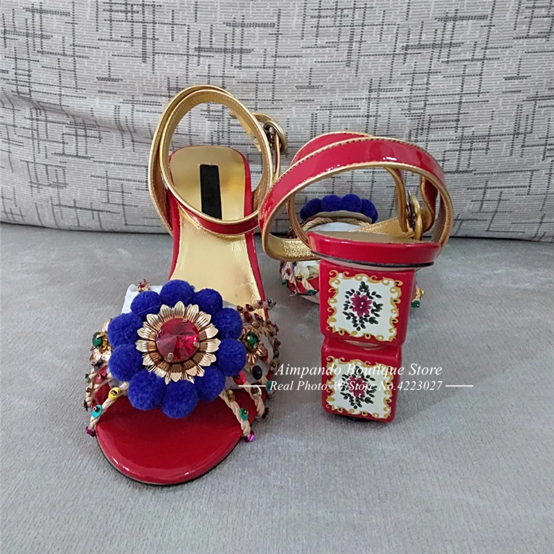 Сандалии-гладиаторы с блестящими пайетками и кристаллами; женские туфли с помпонами и цветочным узором; вязаная Свадебная обувь с ремешком на щиколотке; Летняя женская обувь