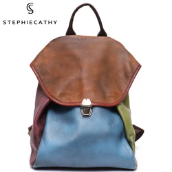 SC Color Painting Cowhide Patchwork Backpack Women Large Flap Shoulder Bag Genuine Leather Casual Rucksack Retro Travel Knapsack