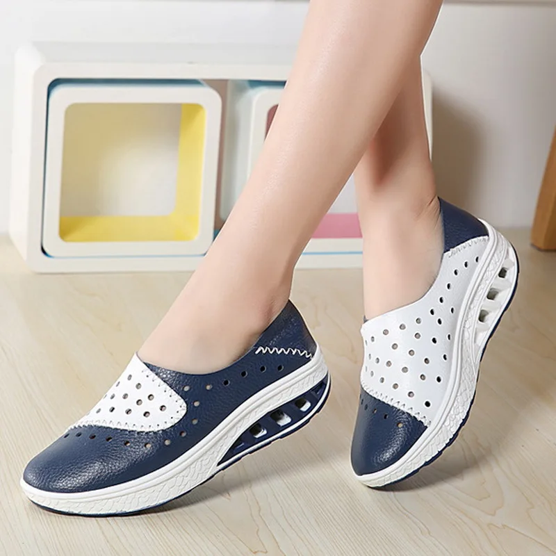 

2019 Spring women genuine leather flats women platform sneakers creepers cutouts slip on flats moccasins shoes woman