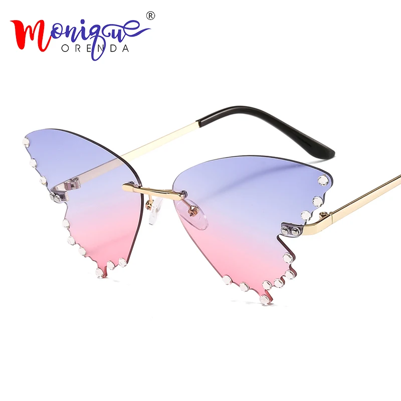 

Butterfly Sunglasses Women Men Fashion Rimless Flame Sun Glass Rhinestones Mirror Luxury Cat Eye Eyewear UV400 Oculos Masculino