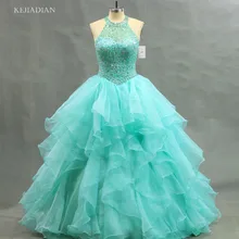 Романтические зеленые Бальные платья с бретельками на шее шифоновые вечерние платья с оборками и открытой спиной Butantes 15 anos