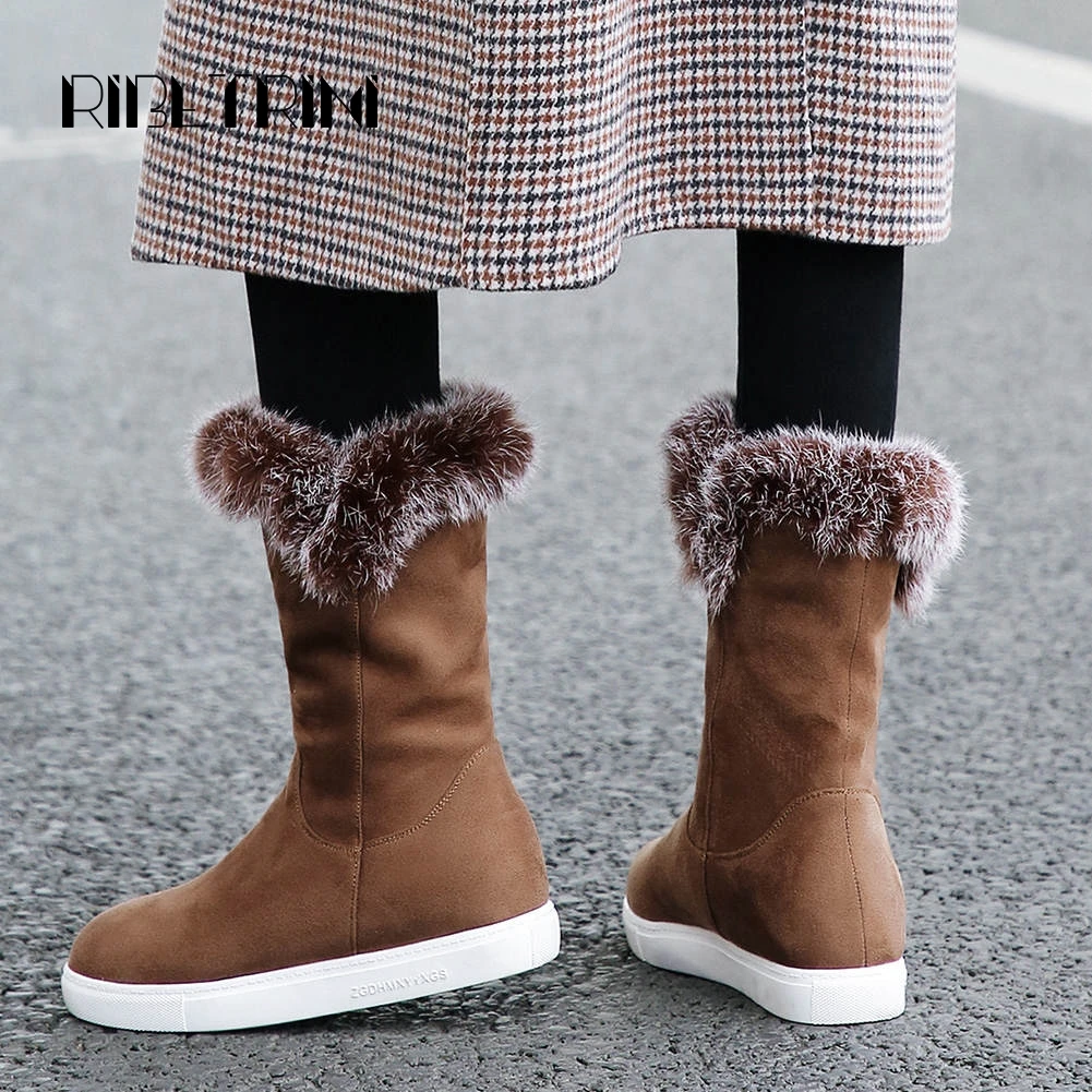 

RIBETRINI Snow Boots Women 2020 Fashion Flat Platform Warm Rabbit Hair Shoes Woman Slip On Mid Calf Outdoor Casual Boots