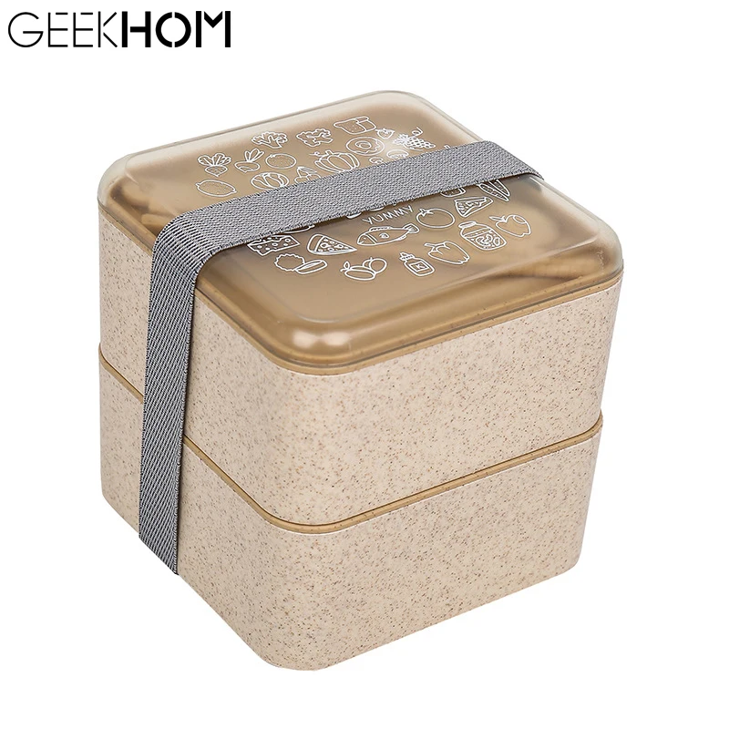 

Japanese Style Double Layers Bento Box Plastic Food Container Lunch Box With Spoon For Kids Portable Eco-Friendly Lunchbox