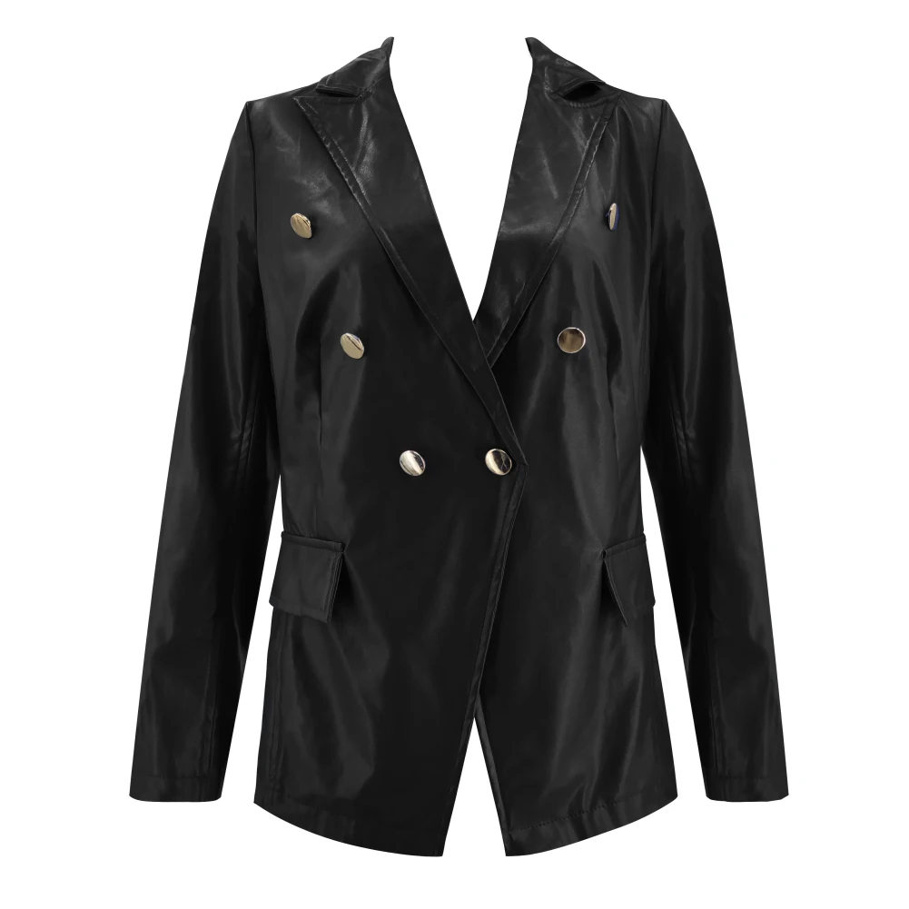 Женский Осенний однотонный пиджак из искусственной кожи, двубортный пиджак с лацканами, однотонный двубортный пиджак с лацканами