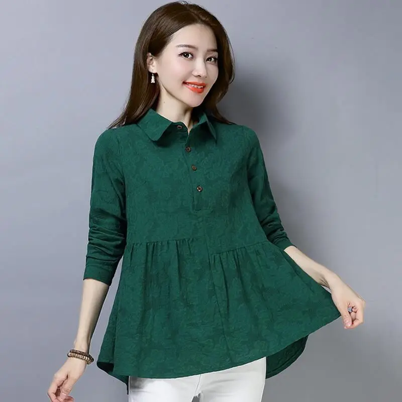 2023 New Spring Autumn Women Long Sleeve Blouse High Quality Fashion Jacquard Cotton Linen Shirt Casual Women Tops