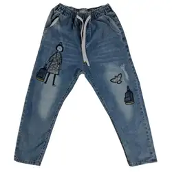 2019 осенние винтажные женские джинсы с вышивкой аппликация "Девочка" свободная эластичная талия большого размера длиной до щиколотки