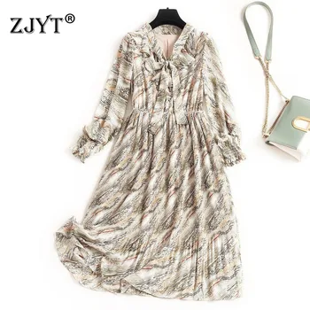 

High Fashion Prairie Chic Spring Dress Women 2020 New Clothes Bow Collar Vintage Print Knee Length Pleated Chiffon Dress Casual