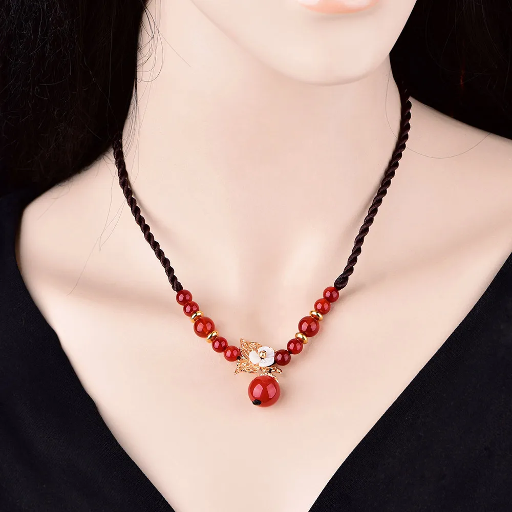 Chinoiserie Red Crystal Necklace Short Retro Pendant Hand knitted Classical Chinese Ancient Jewelry For Women Gift | Украшения и