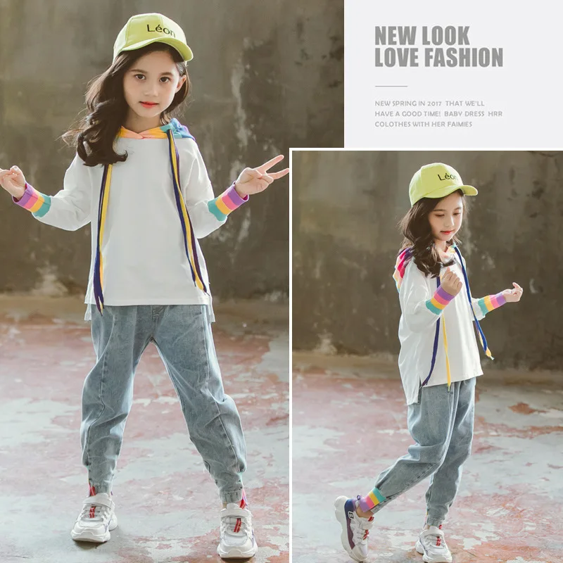 Girls Tracksuits Sets Autumn Kids Sports Suits Casual rainbow Hoodies& Pants Sets For Girl Clothing Children Sportswear