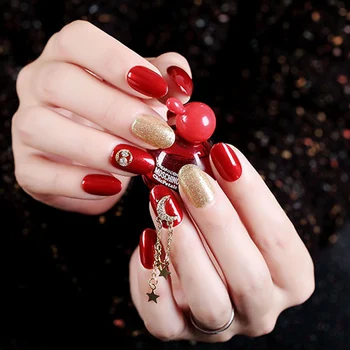 

24pcs Bride Wearing Detachable Durable Waterproof Fake press on Nails Sticker with Chinese Red Gold Star and Moon Pendant Chain