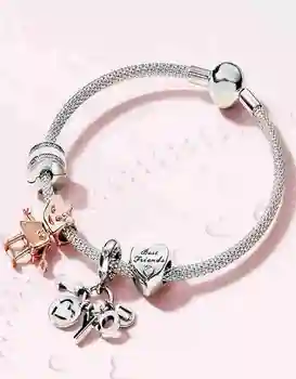 

100% 925 Sterling Silver ROSE BELLA BOT FRIENDSHIP HEART CHARM I LOVE YOU HANGING CHARM MOMENTS MESH BRACELET Set