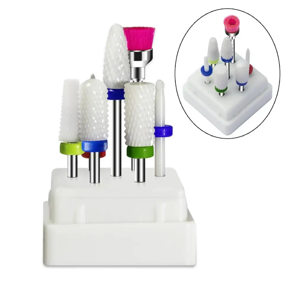 

7 Pcs Ceramic Nail Drill Bits Set with Box Milling Cutter Manicure Machine Accessories Electric Nail Files Nail Art Tools