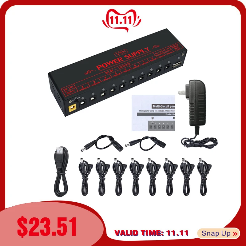 

VSN Guitar Pedal Power Supply 10 Isolated DC Output for Power Supply 9V/12V/18V DC Outputs & USB Charging Port Short Circuit
