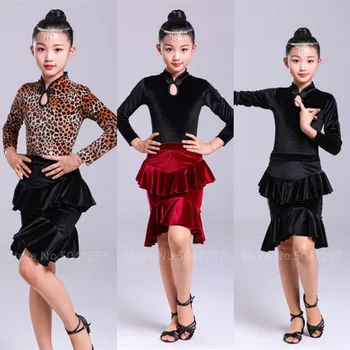 

2020 Children Latin Dance Dress Leopard Print Skirt For Girl Long Sleeve Cha Cha Dance Costume Rumba Samba Vestidos Kid Ballroom