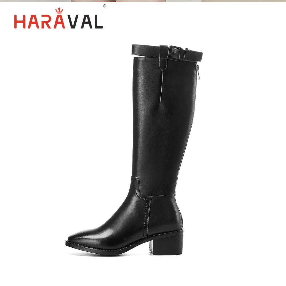 

HARAVAL Handmade Woman Winter Long Boot Vintage Genuine Leather Square Toe Thick Heel Shoe Black Zipper Sexy Warm Soft Boot B242