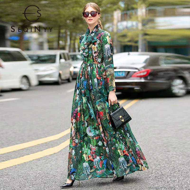 

SEQINYY Elegant Long Dress 2020 Summer Spring New Fashion Design Women Long Sleeve Flowers Printed Green High Street Dress