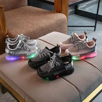 

New Fashion Spring Sneakers For Children Net Fabric Casual Breathable Lace-up Soft Bottom Girls Boys Kids LED Light Sports Shoes