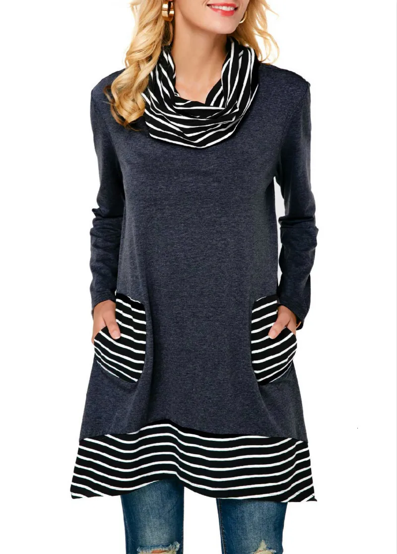 Модная футболка Zwart Wit Gestreepte Vrouwen Lange Mouw, Coltrui Vrouwelijke, футболка Zomer Elegante Losse, повседневные футболки Grote Maat