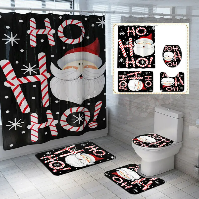 Christmas Bathroom Shower Curtain Rug Set Toilet Waterproof Cover Mat 3/4pcs 