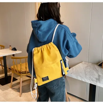 

Women Solid Color Letter Pattern Drawstring Backpack Korean Simple Style Wild Canvas Outdoor Adjustable Strap Shoulder Bag