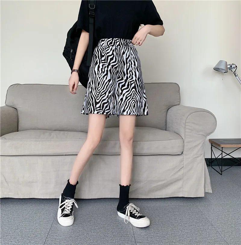 Summer Elegant High Waist Shorts Women Casual Zebra Wide Leg Bermuda Shorts Punk Hip Hop Harajuku Shorts Japanese Korean Styles