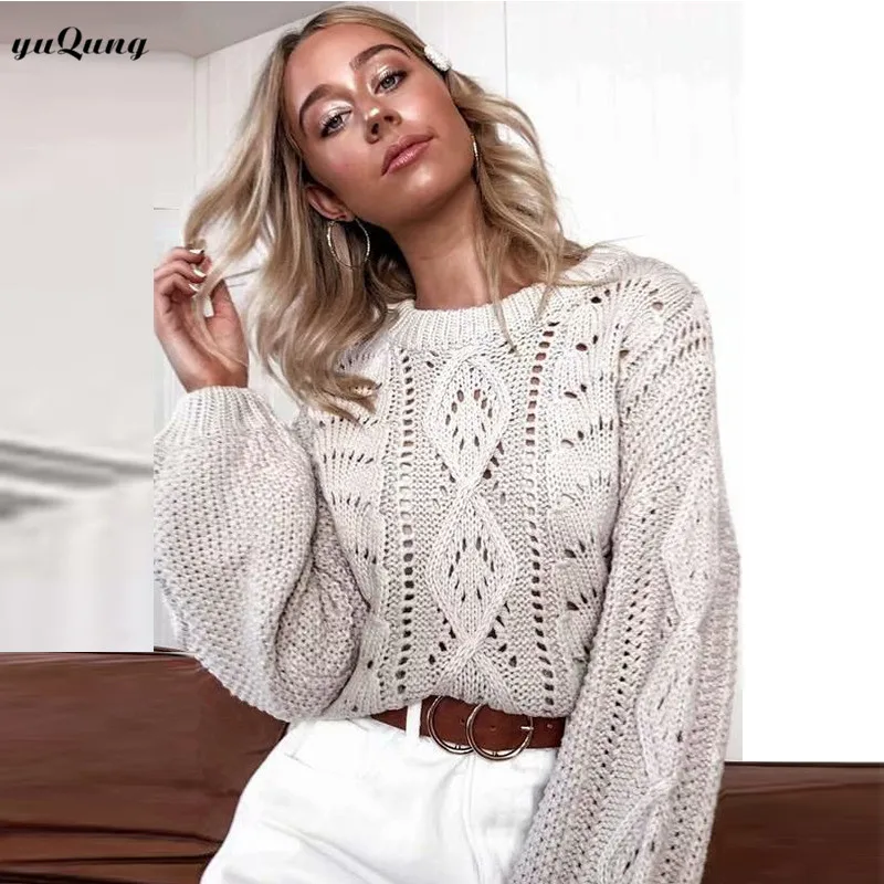 

yuQung lantern sleeve Sweater Women's Autumn Winter hollow out Tops Twist Knitted Short Design Pullover Knitwear Streetwear