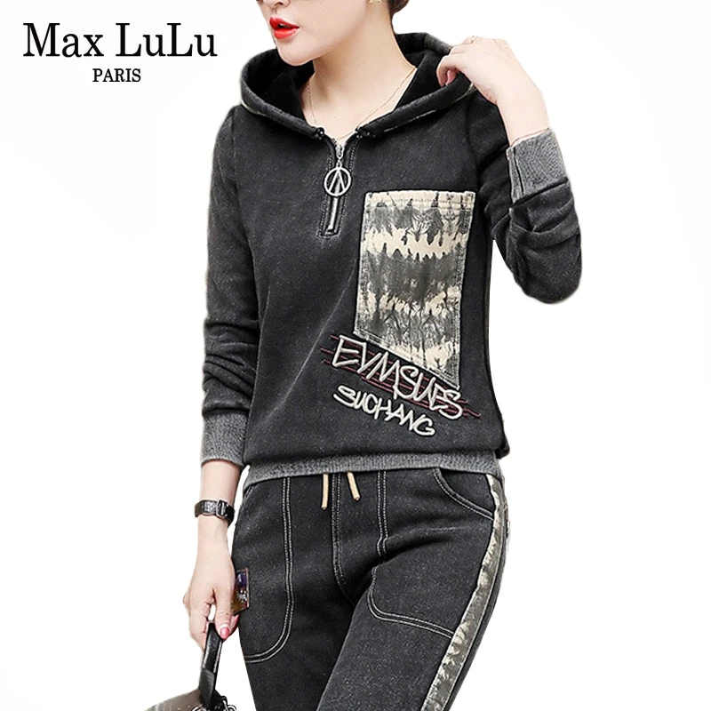 Max LuLu зимняя Корейская одежда Женская комплект из 2 предметов панк костюмы женские топы с капюшоном Спортивные штаны повседневные джинсовые костюмы с вышивкой