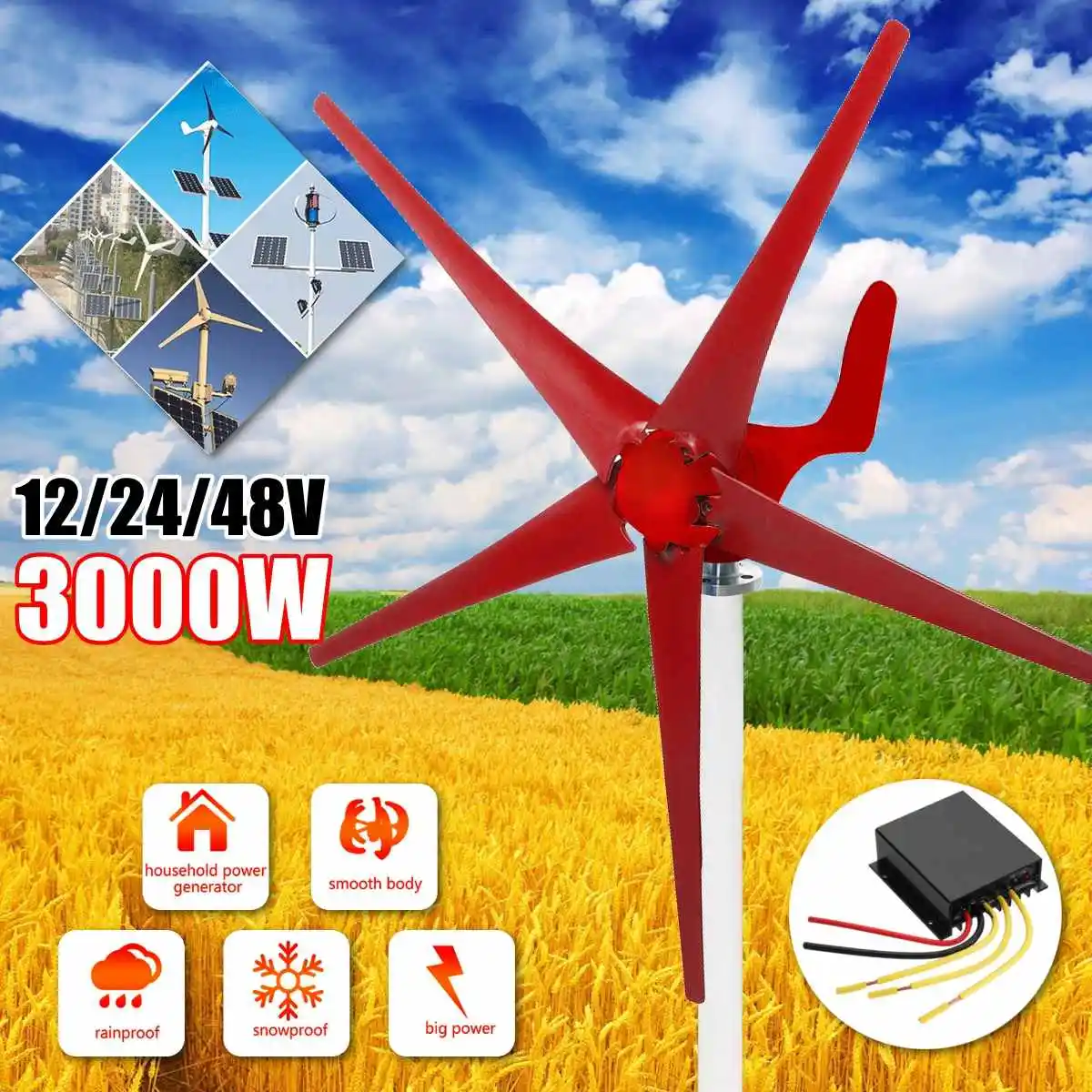 

3000W Wind T urbine Generator 12/24/48V 5 Wind Blades OptionWind Controller Use for Home,Solar Streelight,Marine Boat