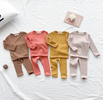 

Boys Girls Pajamas Sets 2020 Autumn Ribbed Cotton Pyjamas Children Knitwear Sleepwear Baby Boy Girl Homewear Nightwear Clothes