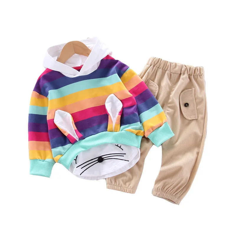 

New Children Cotton Clothes Spring Autumn Baby Girl Stripe Cartoon Hooded Pants 2Pcs/sets Infant Kids Fashion Toddler Tracksuits