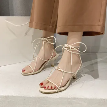 

2020 Sandals Ladies Shoes Summer High Heels Cross Cross-shoes Suit Female Beige Women's Woman For Stiletto Comfort Block