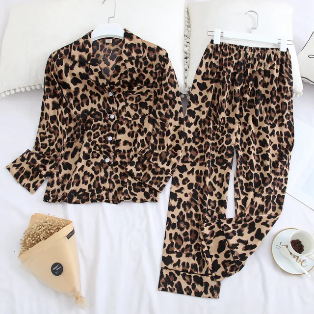 Lisacmvpnel Long Sleeve Pajamas Autumn Ice Silk Long Sleeve Trousers Suit Printing Fashion Pyjamas Set leopar