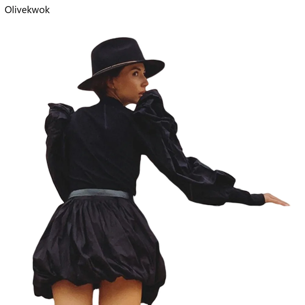 Olivekwok осенние женские сексуальные тонкие топы с круглым вырезом и длинным рукавом-фонариком в стиле пэчворк уличная одежда элегантные однотонные облегающие футболки T991273K