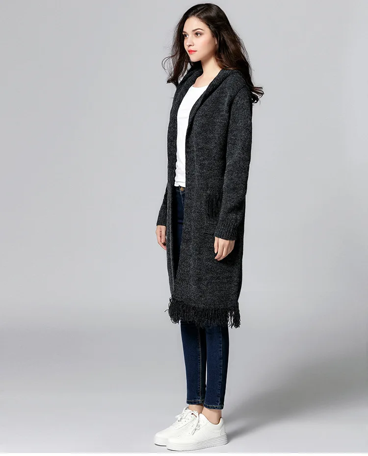 Long Cardigan Ladies Fall Casual Sweater Women Large Coat Jacket Winter Hooded Sweaters Jumpers,Plus size 5XL tassel coat