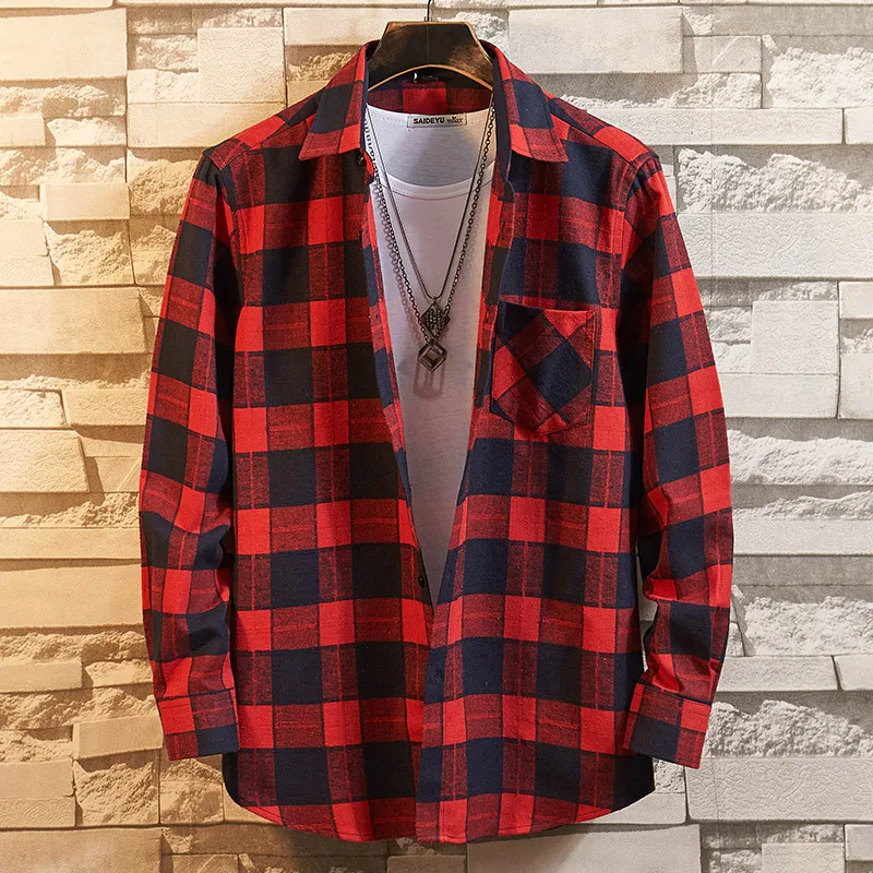 

100% Cotton Flannel Men's Plaid Shirt Slim Fit Spring Autumn Male Brand Casual Long Sleeved Shirts Soft Comfortable 4XL