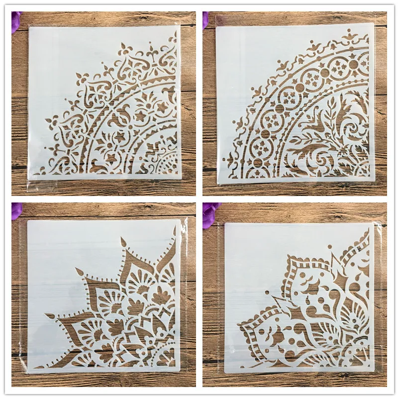 4pcs/set 20 *20 cm diy craft mandala mold for painting stencils stamped photo album embossed paper card on wood, fabric, wall