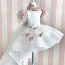 Белые Платья с цветочным узором для девочек с перьями и коротким рукавом, пышные праздничные платья для дня рождения на заказ