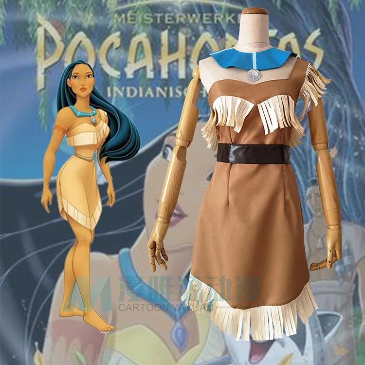 Women's Halloween Indian Princess Pocahontas Costume with Sloping Shoulders and Necklace - Matoaka Fancy Dress image 4