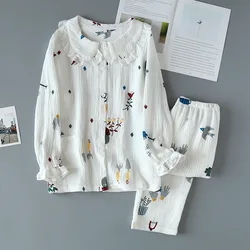 Japanese New Ladies Spring and Summer Cotton Crepe Pajamas Two-piece Long-sleeved Trousers Cute Plant Printing Home Service Set